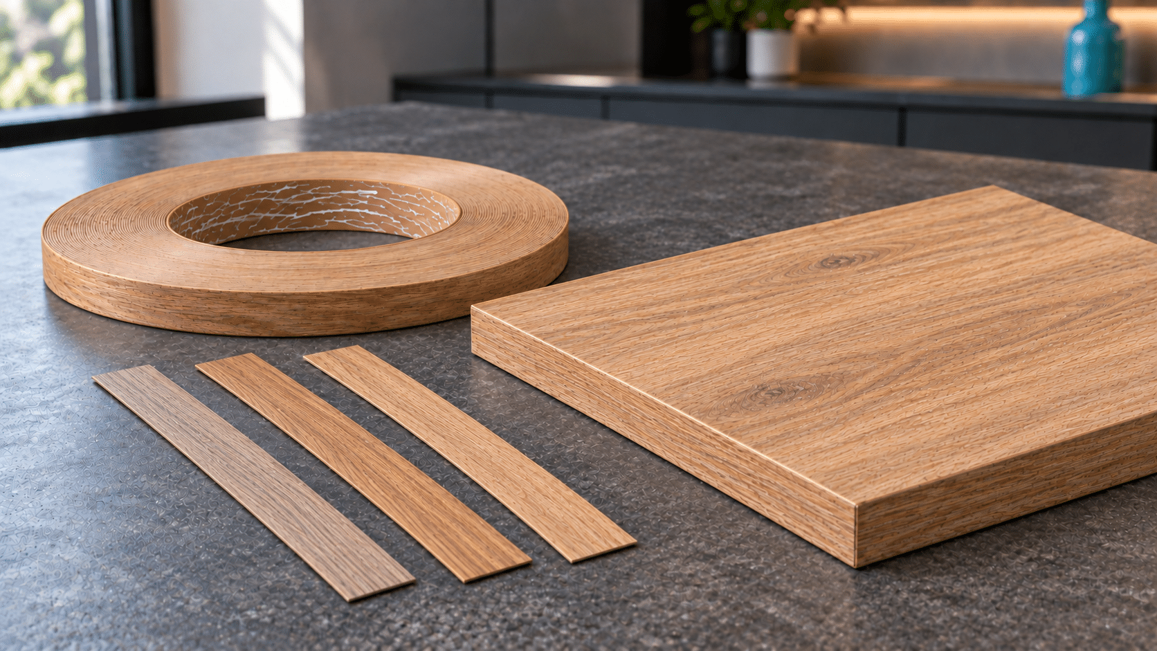 ورق MDF لبهچسبانیشده کنار حلقه نوار PVC و سه نمونه نوار طرح چوب