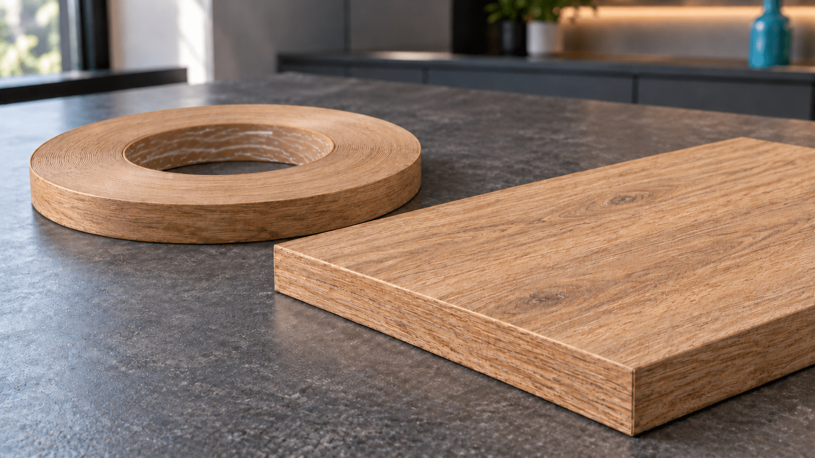 حلقه نوار لبه PVC طرح بلوط کنار ورق MDF با رنگ و طرح هماهنگ